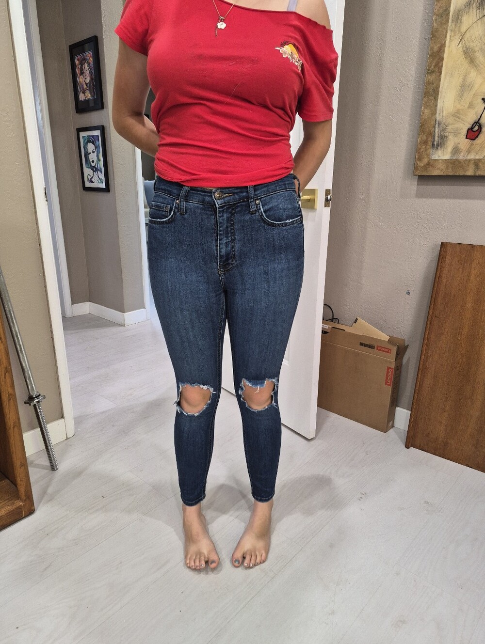 Free People Dark Blue Distressed Skinny Jeans, Size 27